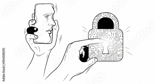 Hand holding phone with face, finger touching electronic lock