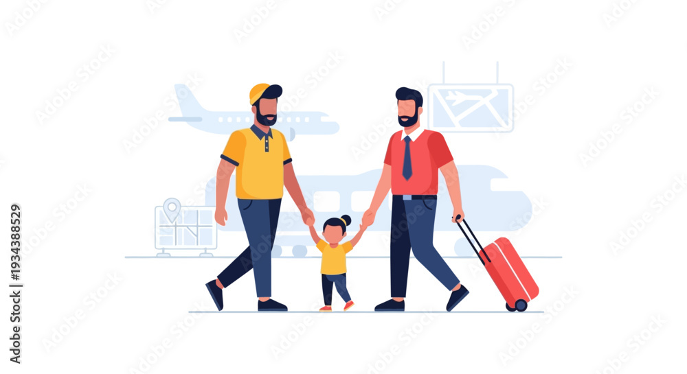 Fototapeta premium Happy Gay Family Traveling with Child. Two Dads and Daughter at Airport with Luggage, LGBTQ+ Parents and Kid Vacation Flat Vector Illustration.