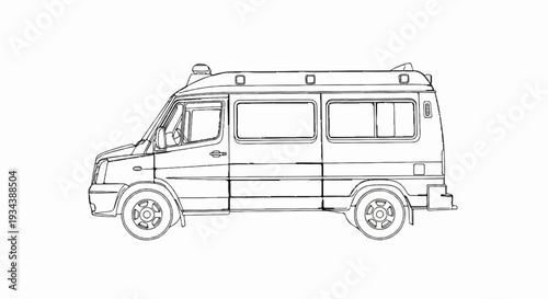 Line art illustration of a side-view ambulance or van