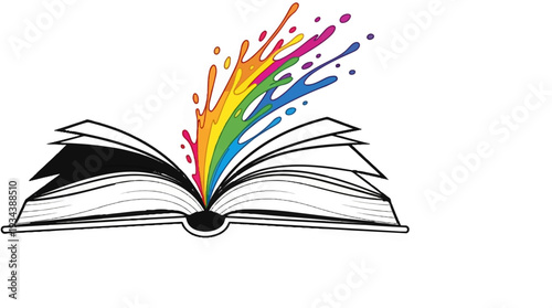 Open book with colorful paint splashes erupting