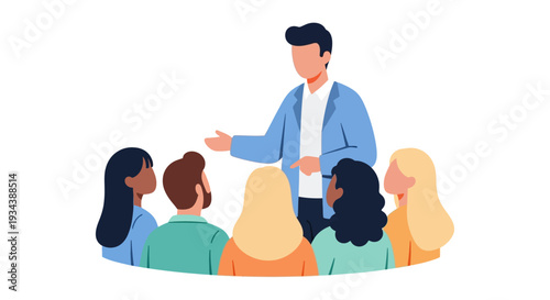 Professional Speaker Giving Presentation or Training to Diverse Team at Business Meeting - Modern Flat Illustration