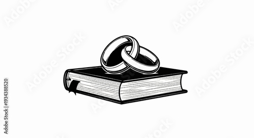 Interlocking rings rest atop a closed book with a ribbon bookmark