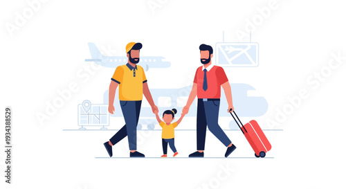 Happy Gay Family Traveling with Child. Two Dads and Daughter at Airport with Luggage, LGBTQ+ Parents and Kid Vacation Flat Vector Illustration.
