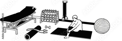Fitness equipment, including a massage table, weights, yoga mat, and exercise ball