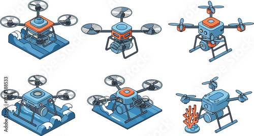 Isometric illustration shows multiple advanced camera drones equipped for underwater.