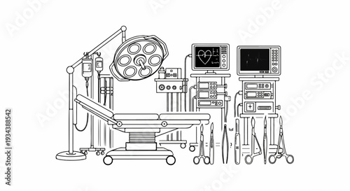 Operating room equipment with surgical tools, monitors, and IV drip