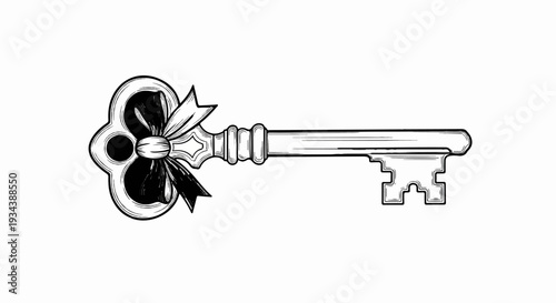 Ornate antique key with decorative bow, black and white sketch