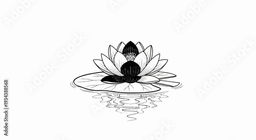 Delicate water lily with pad floats on rippling water, black and white art