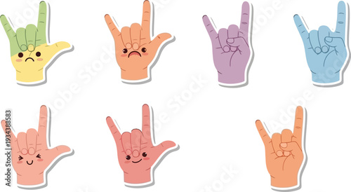 Various cute cartoon hands making the rock-on sign display different emotional states on a.