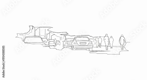Line art sketch of cars and people on a street