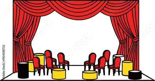 Red curtains open on a stage with chairs and props