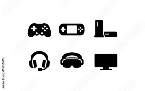 Collection of gaming icons including a controller, handheld console, and VR headset