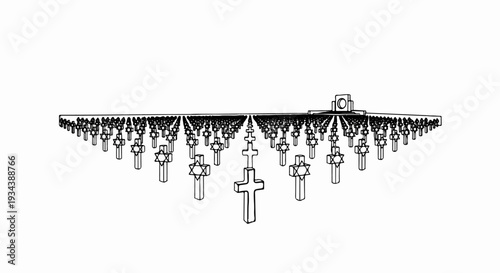 Rows of crosses and Stars of David recede into distance