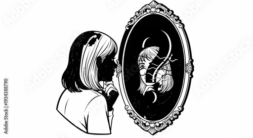 Girl's reflection in ornate mirror shows fragmented face with a crescent moon