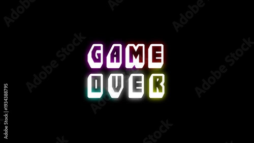 Game over text animation _ glitch style. Stylized neon 'GAME OVER' text with glowing letters in vibrant colors on a dark background, signaling the end of a game.