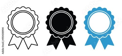Rosette award ribbon vector icon set, line outline, solid black silhouette and vibrant color versions, decorative prize badge with hanging ribbons for competition, celebration and honor branding use.