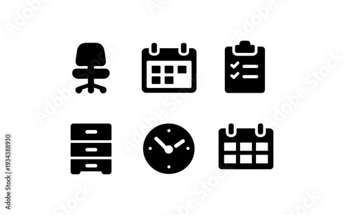 Collection of office icons including chair, calendar, clipboard, drawers, and clock