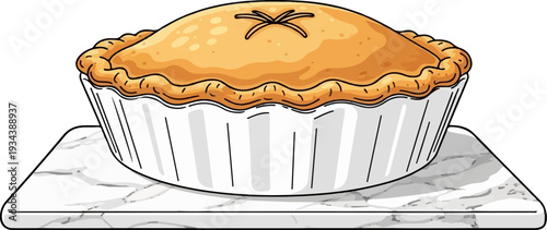 Golden baked pie with fluted crust on a marble slab