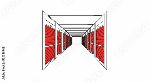 Perspective view of a long corridor with many red doors on both sides