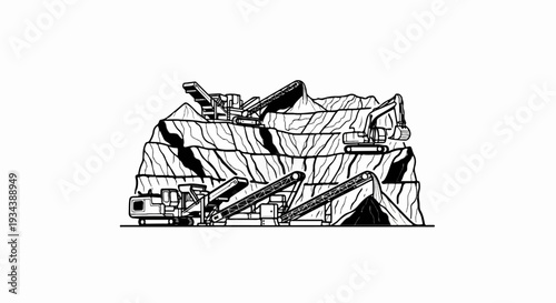 Quarry operations with excavators and crushers extracting minerals from rock formations