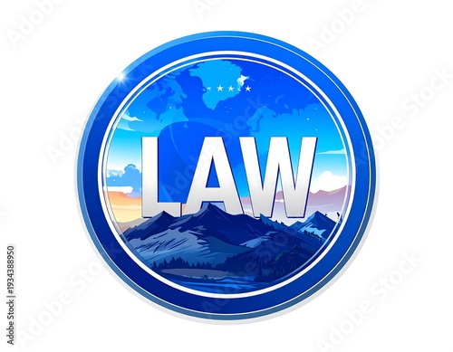 Blue-rimmed badge with mountain scene and 