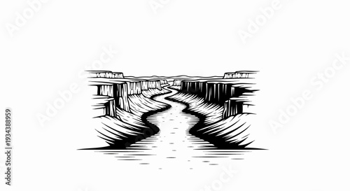 Black and white illustration of a winding river flowing through a vast canyon