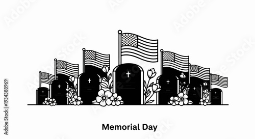 Gravestones adorned with flags and flowers, symbolizing remembrance