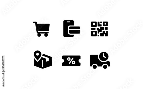 Set of six e-commerce and delivery icons including shopping cart, credit card, QR code, package, coupon, and truck