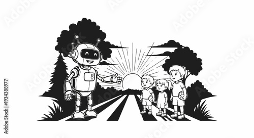 Robot and children stand on a road facing a bright sunrise with trees