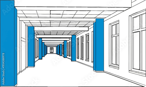 Geometric interior hallway with repeating blue columns and windows