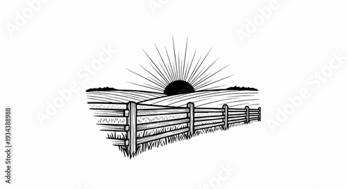 Rural landscape at sunrise with wooden fence and sunburst rays