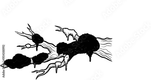 Sketch of dark, blob-like growths on bare tree branches