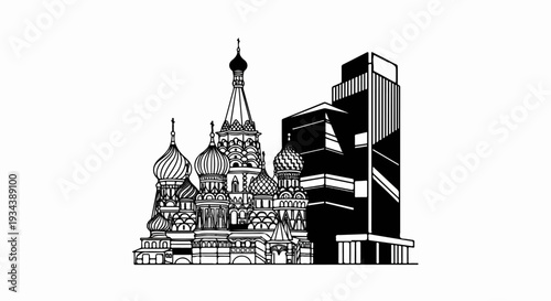 Stylized black and white depiction of domes and a modern skyscraper