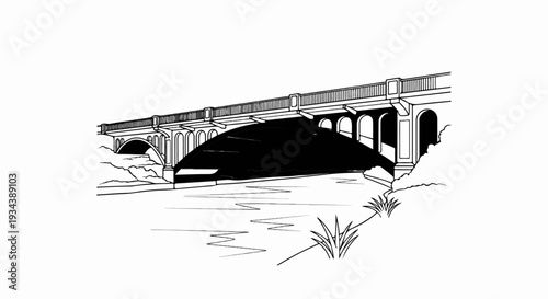 Arch bridge spans a river with a stone embankment and tufts of grass