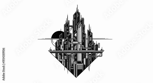 Stylized black and white geometric cityscape with abstract planet