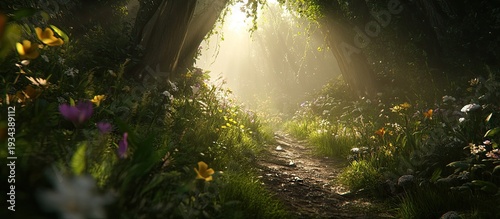 Sun-Drenched Forest Path: Serene Woodland Scene with Vibrant Wildflowers