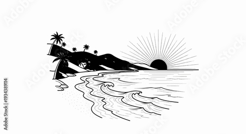 Stylized black and white depiction of a tropical beach scene at sunrise
