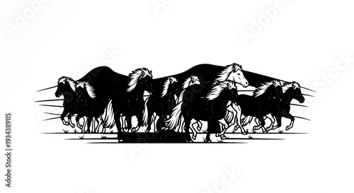 Herd of horses running across a grassy field with hills in the background