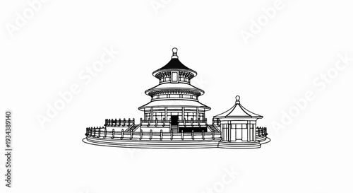 Stylized black and white drawing of tiered ancient Chinese temple complex