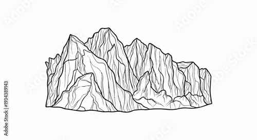 Stylized black and white sketch of jagged, craggy mountain peaks