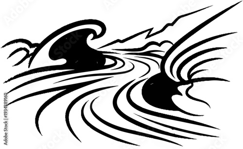 Stylized black and white illustration of a river flowing through mountains with a large wave