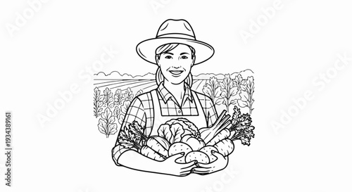 Smiling person in hat holding harvested vegetables in a field setting