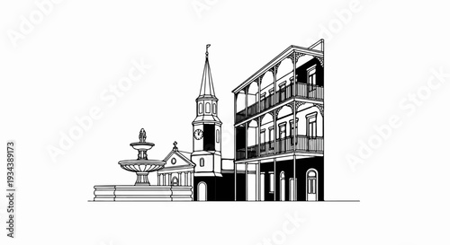 Historic fountain and ornate balconies in black and white illustration