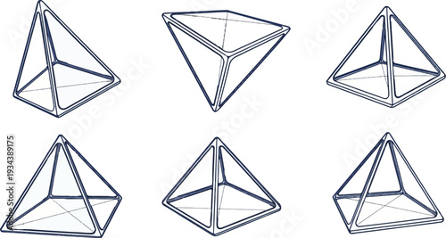 Six abstract geometric pyramid-like shapes in a grid arrangement