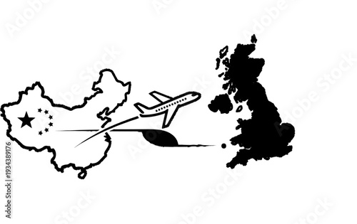 Airplane flying from China to Great Britain map outline