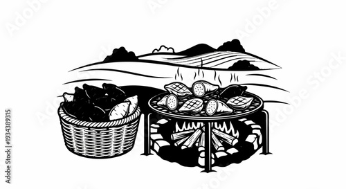 Outdoor barbecue with roasted sweet potatoes and a basket of raw ones