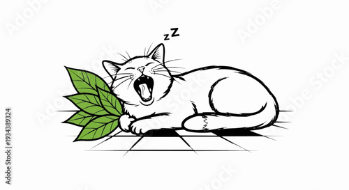 A stylized white cat yawns deeply next to green leaves on a surface