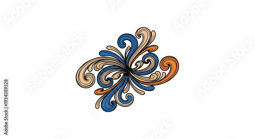 Ornate flourish design with swirling blue, orange, and tan elements