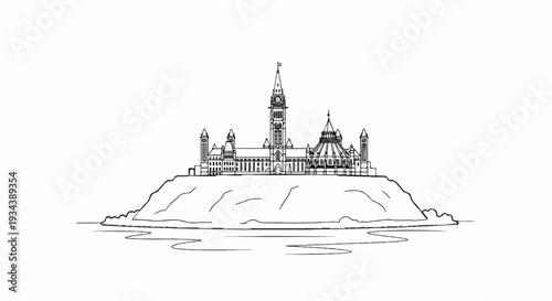 Outline of a grand building complex atop a hill, beside a body of water