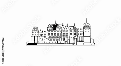 A stark black and white sketch depicts a grand historical castle with intricate architectural details
